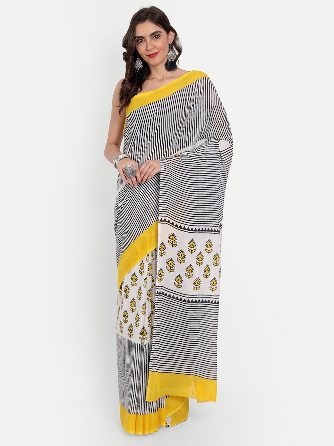 

BUTA BUTI Yellow & Black Striped Pure Cotton Saree