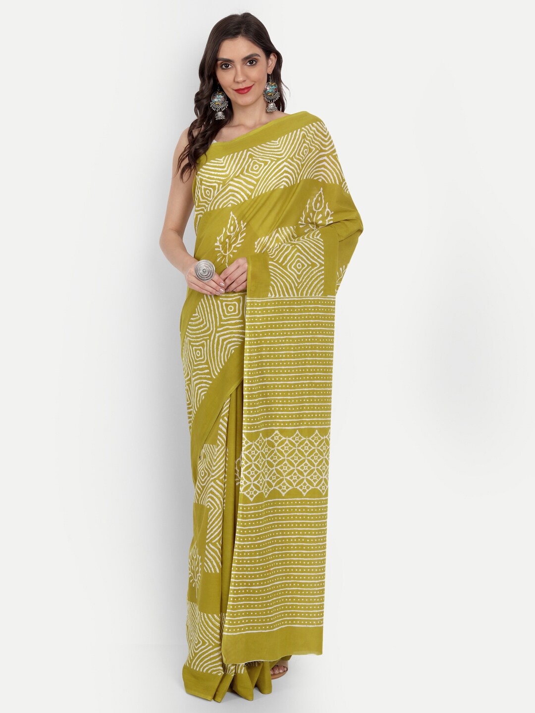 

BUTA BUTI Women Olive Green & White Printed Pure Cotton Saree