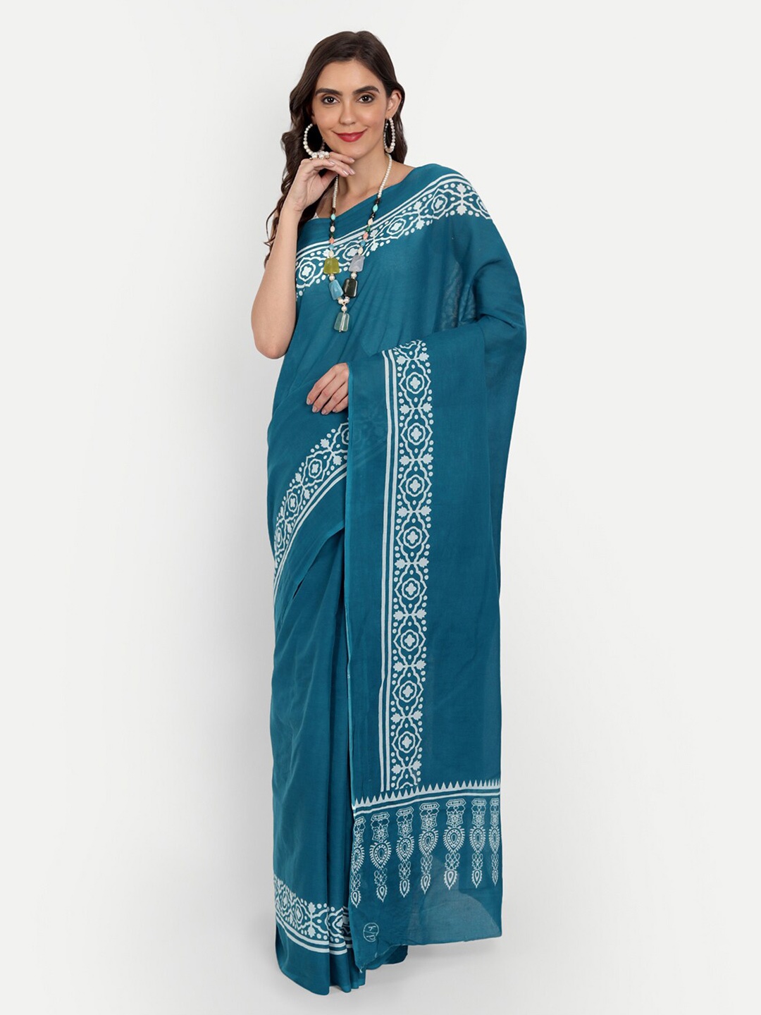 BUTA BUTI Blue & White Floral Printed Pure Cotton Saree