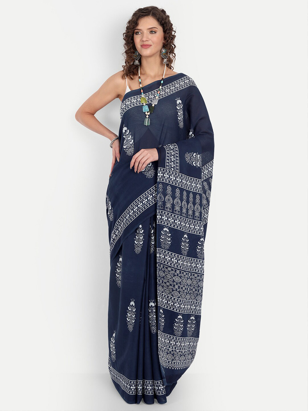 

BUTA BUTI Navy Blue & White Ethnic Motifs Pure Cotton Saree