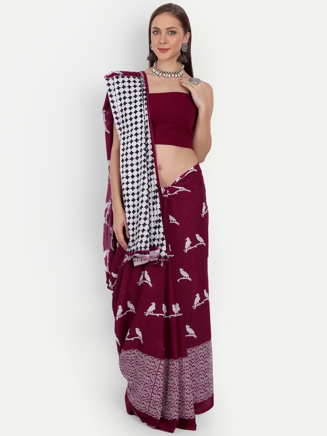 

BUTA BUTI Maroon & Off White printed Ethnic Motifs Pure Cotton Saree