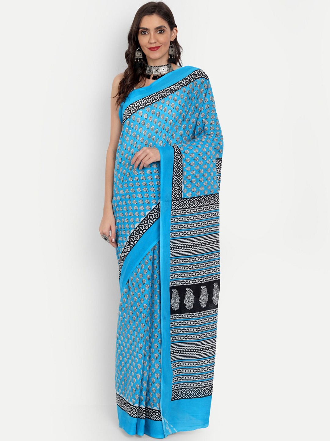 

BUTA BUTI Blue & Black Floral Pure Cotton Ready to Wear Saree