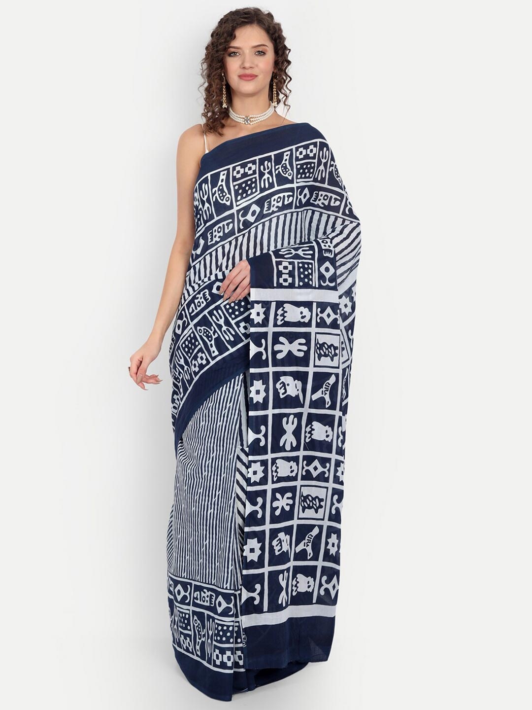 

BUTA BUTI Blue & White Striped Pure Cotton Saree