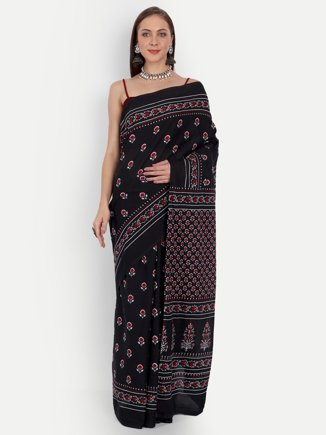 

BUTA BUTI Black & Red Floral Printed Pure Cotton Saree