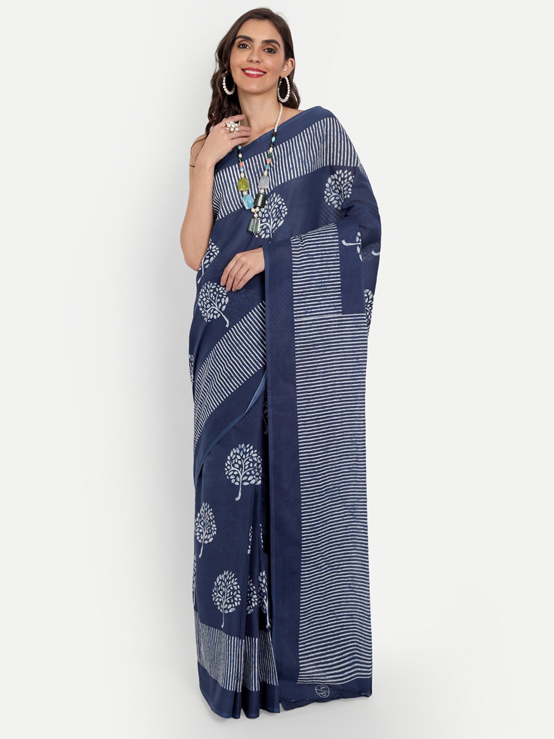 

BUTA BUTI Blue & White Floral Pure Cotton Saree