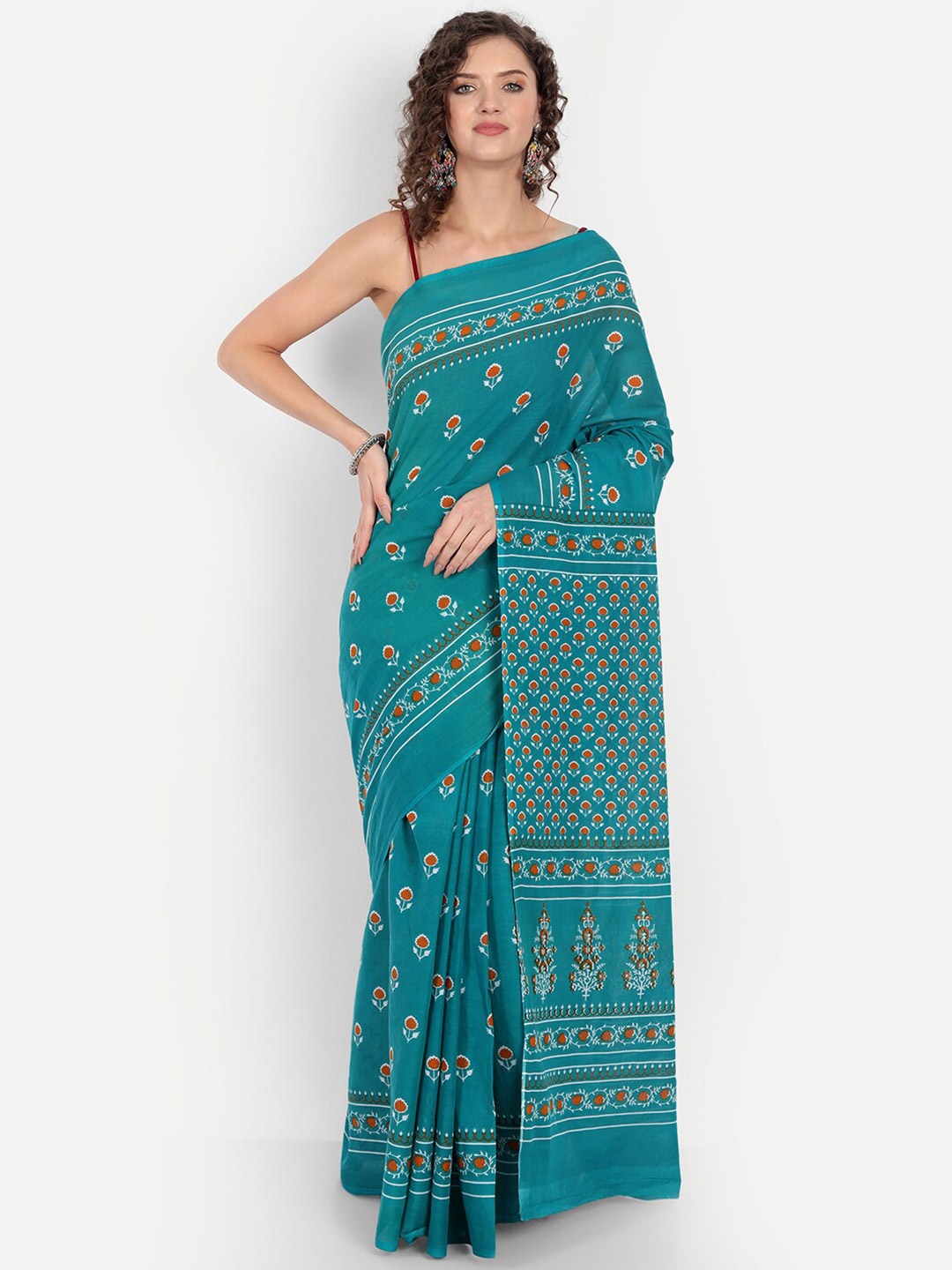 

BUTA BUTI Teal & Orange Floral Pure Cotton Saree