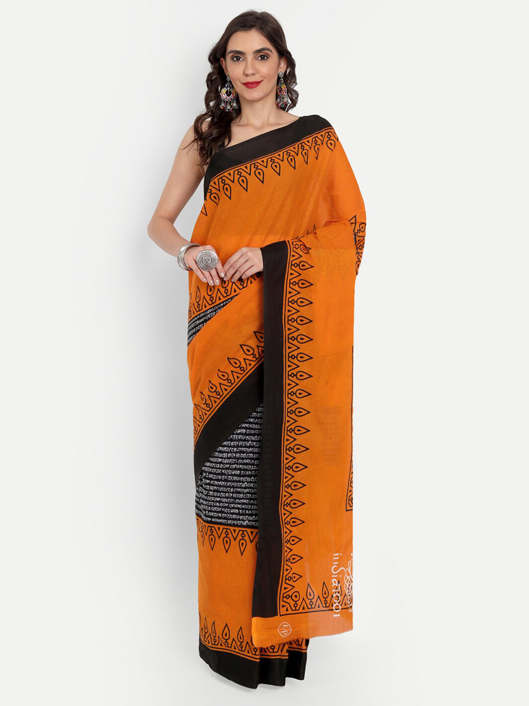 

BUTA BUTI Orange & Black Ethnic Motifs Pure Cotton Saree