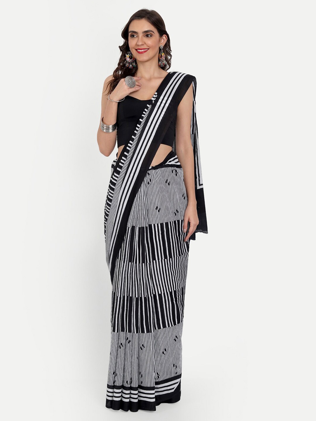 BUTA BUTI Black & White Striped Pure Cotton Saree