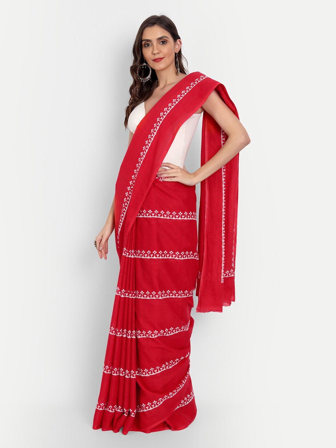 

BUTA BUTI Red & Off White Ethnic Motifs Pure Cotton Ready to Wear Saree