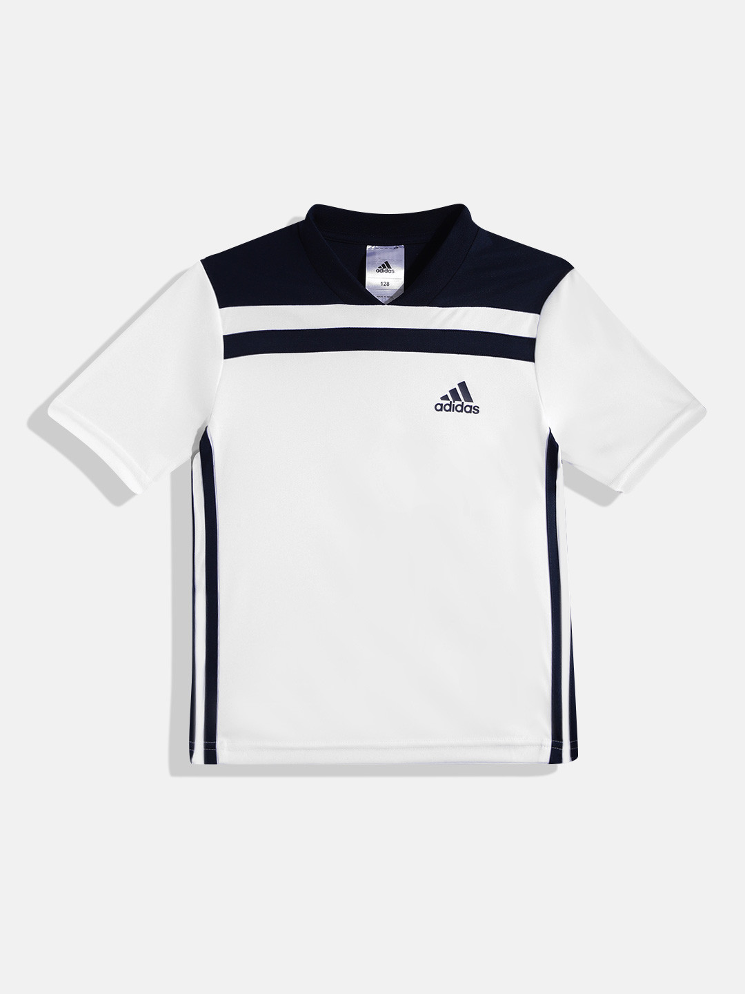 

ADIDAS Boys White & Navy Blue Colourblocked T-shirt