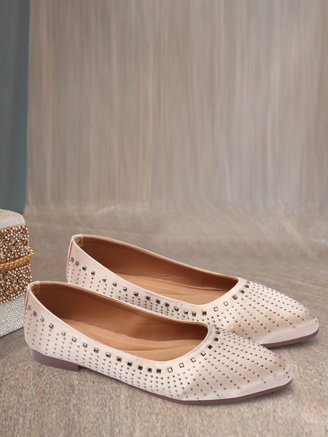 

RINDAS Women Beige Studded Ballerina Flats