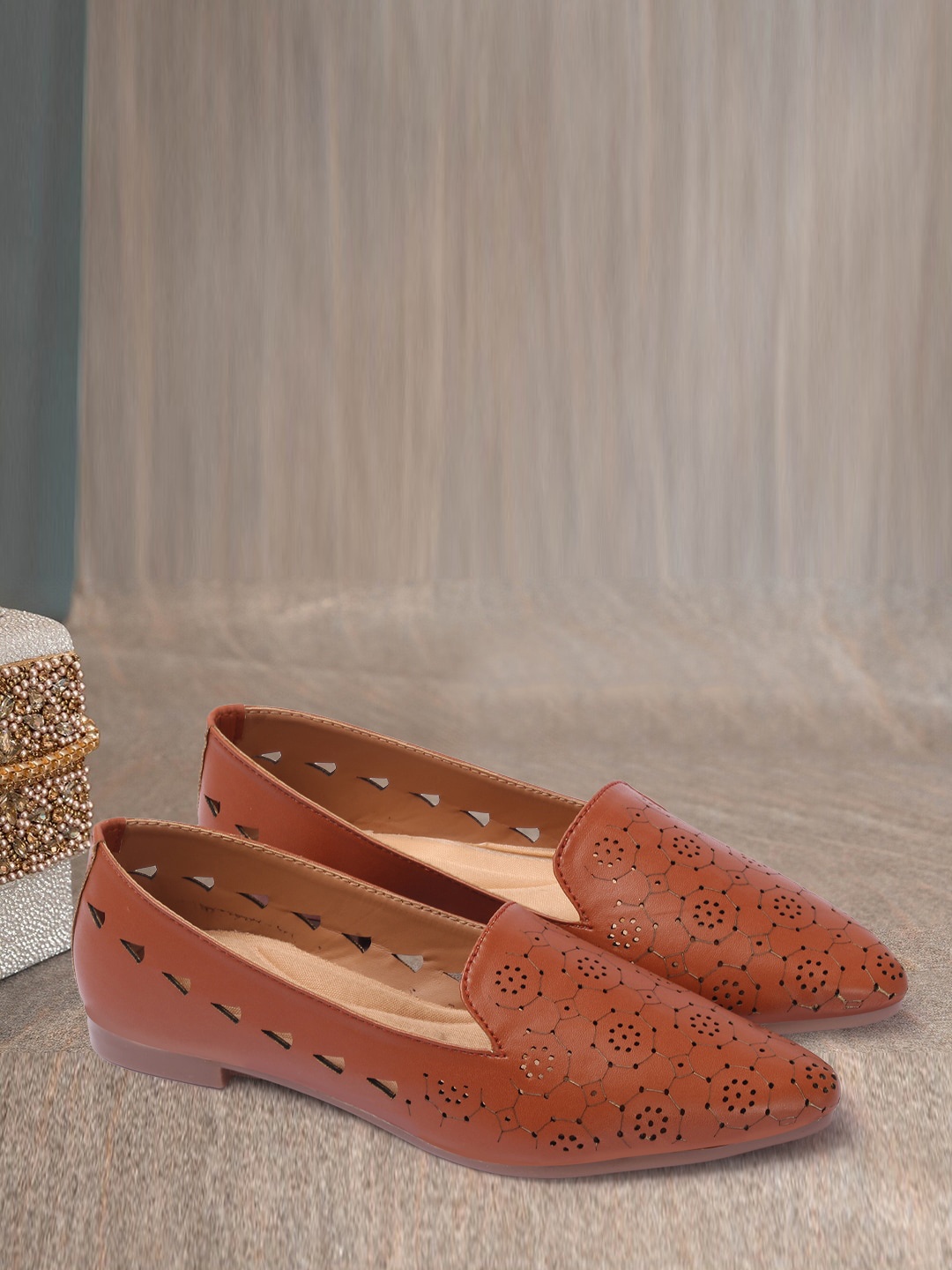 

RINDAS Women Tan Textured Ballerinas with Laser Cuts Flats