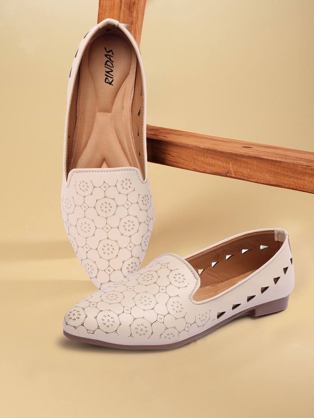 

RINDAS Women Cream-Coloured Laser Cuts Flats