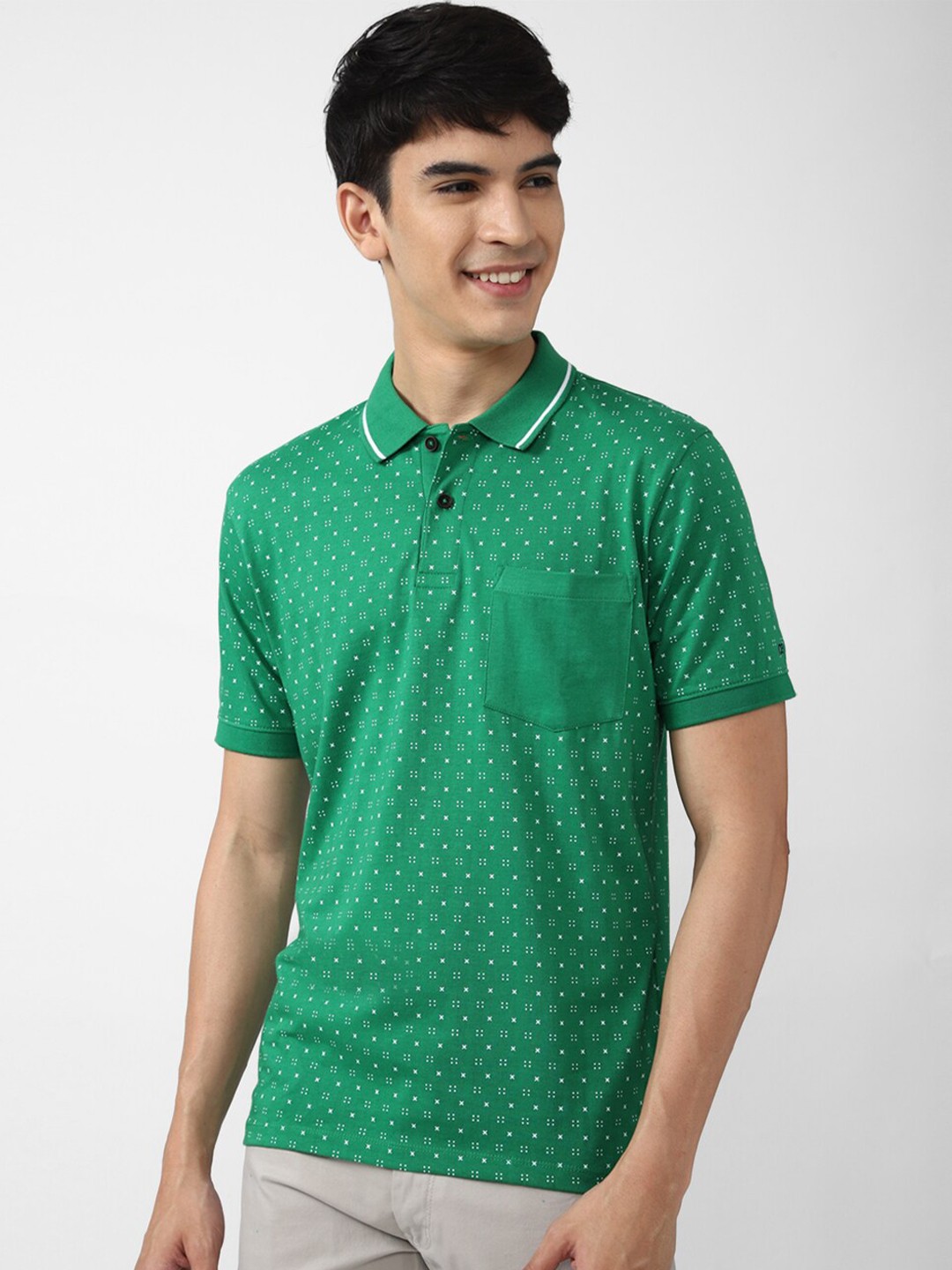 Peter England Casuals Men Green Printed Pure Cotton Polo Collar T-shirt