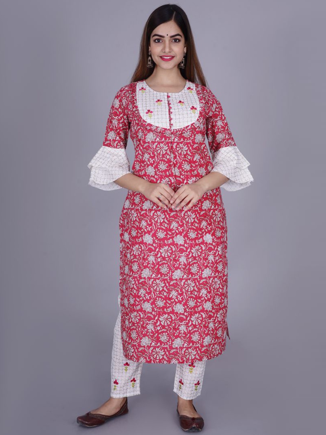 Lovista Women Pink Floral Pure Cotton Kurta with Trousers Pant
