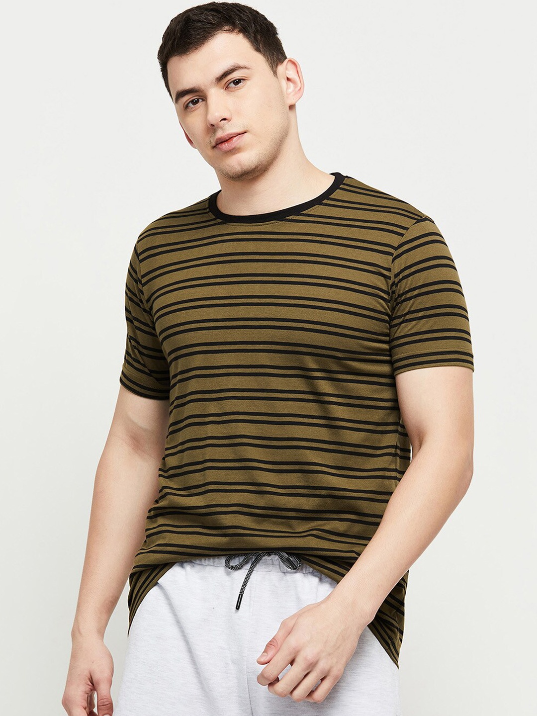 

max Men Green & Brown Striped Lounge Tshirts