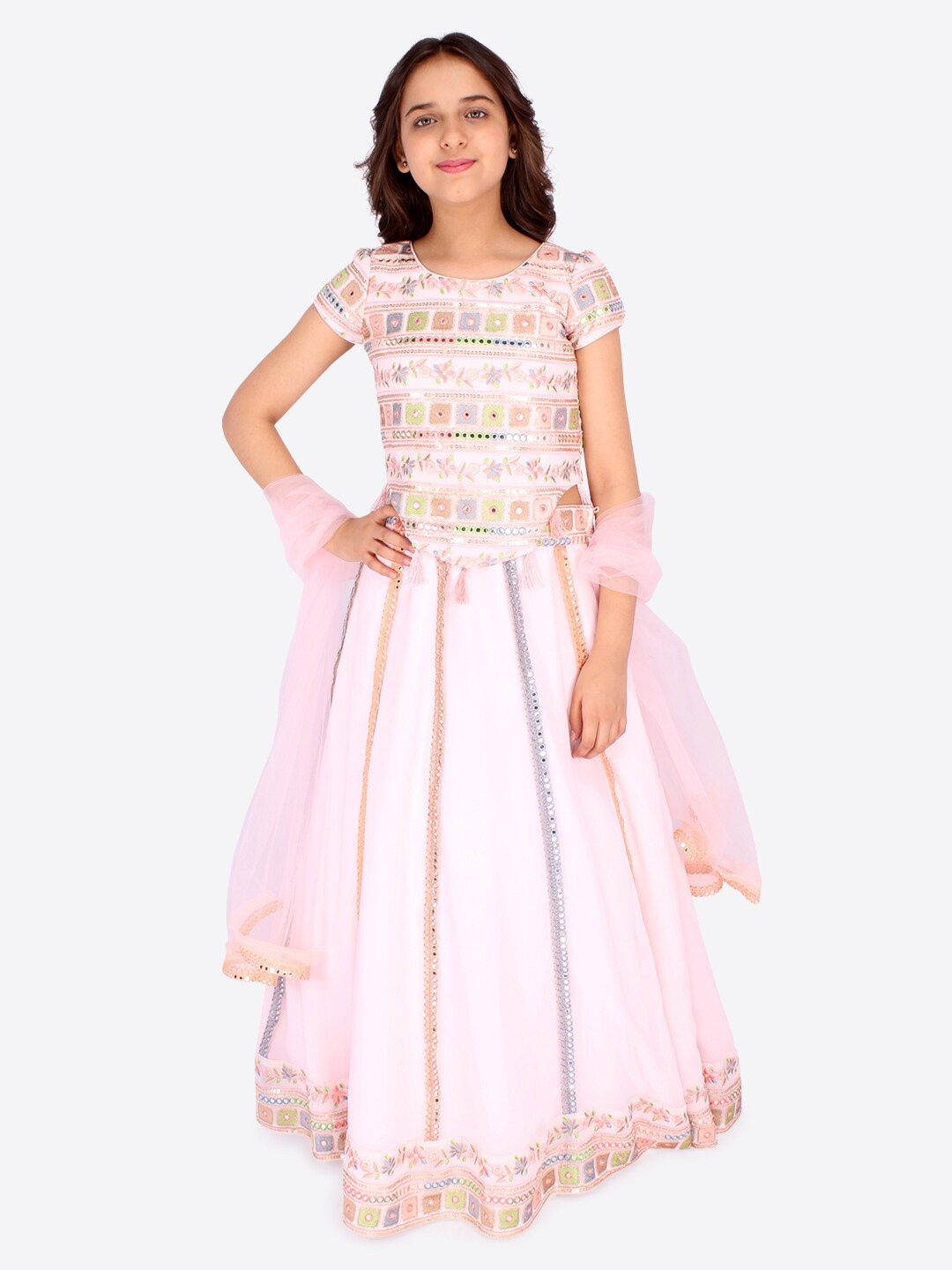 

CUTECUMBER Girls Pink & Gold-Toned Embellished Mirror Work Ready to Wear Lehenga & Blouse With Dupatta