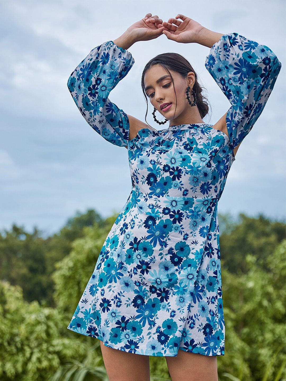 Athena Blue Floral Crepe A-Line Dress