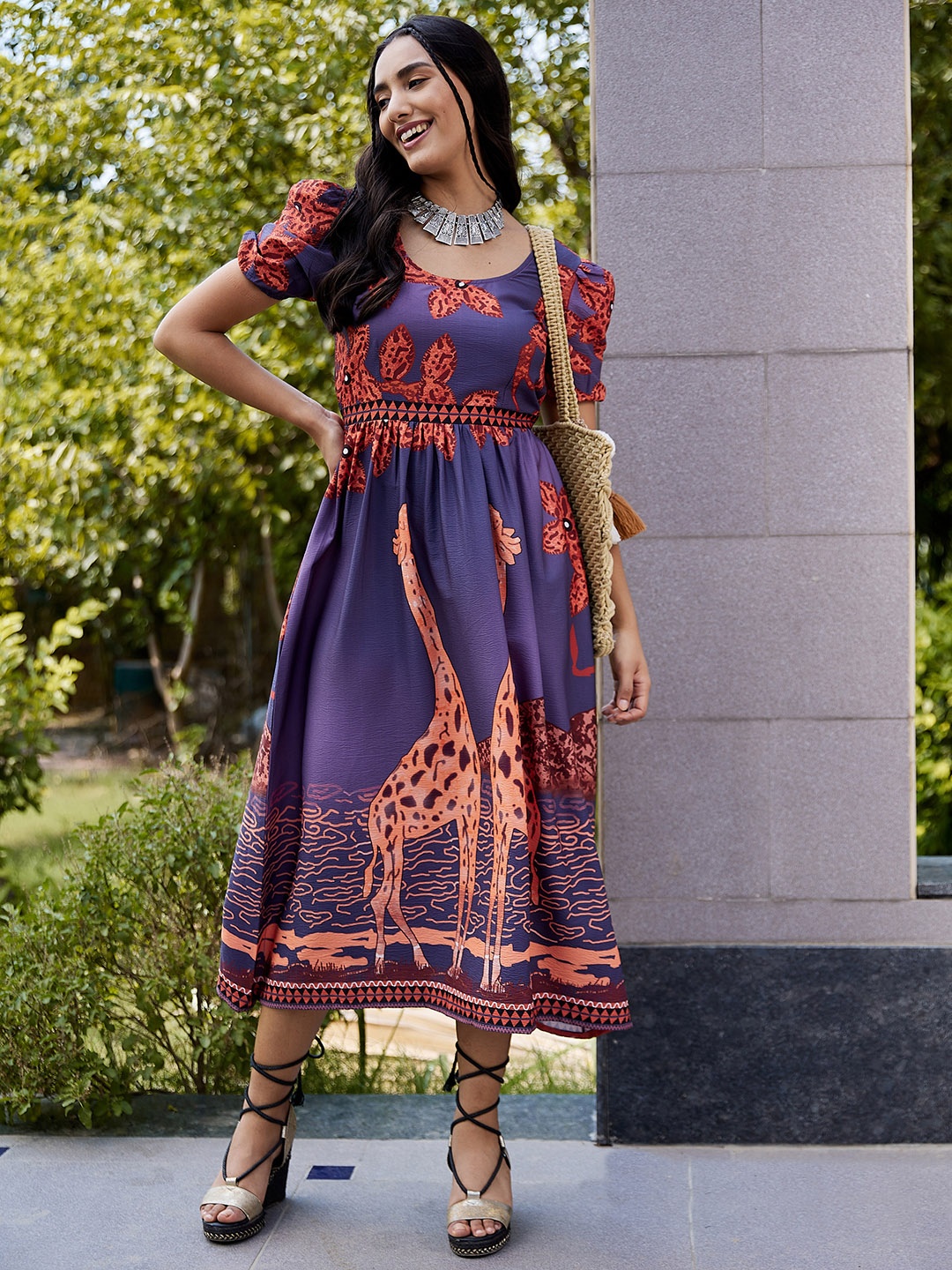 

Athena Blue & Orange Ethnic Motifs Crepe Midi Dress