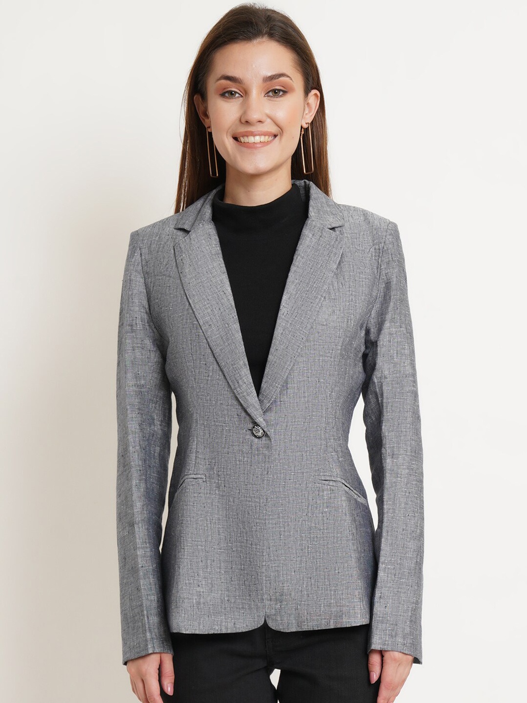 

Purple State Women Grey Solid Slim-Fit Single Breasted Casual Blazers