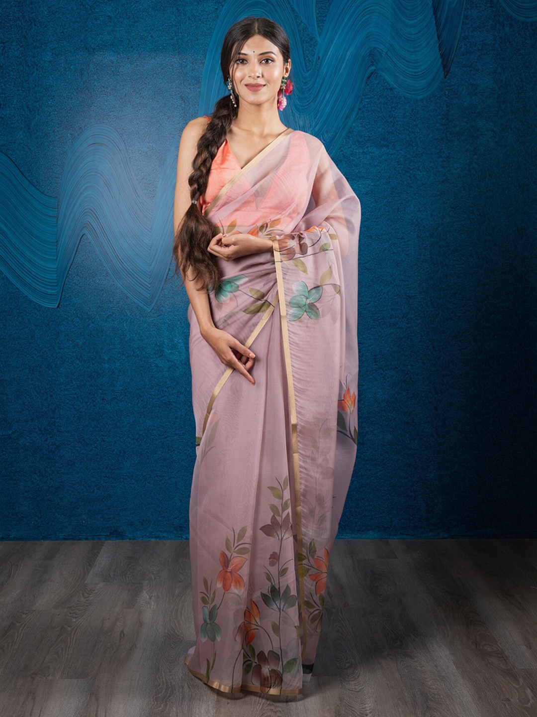 

Exclusiva Purple & Blue Floral Zari Organza Saree