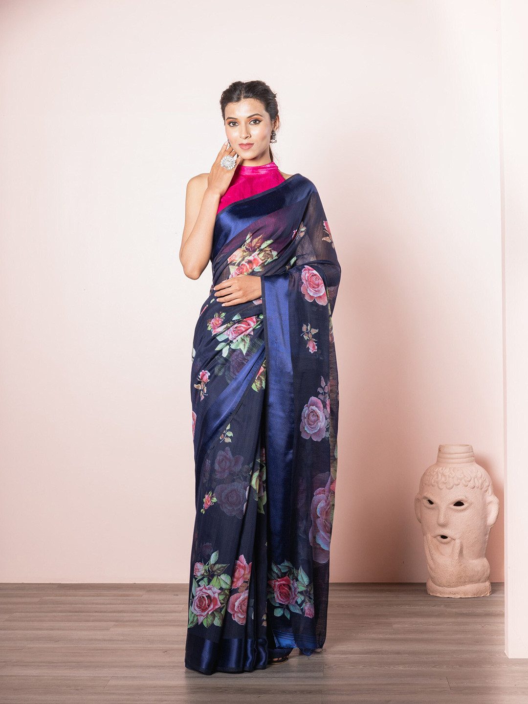 

Exclusiva Navy Blue & Pink Floral Linen Blend Saree