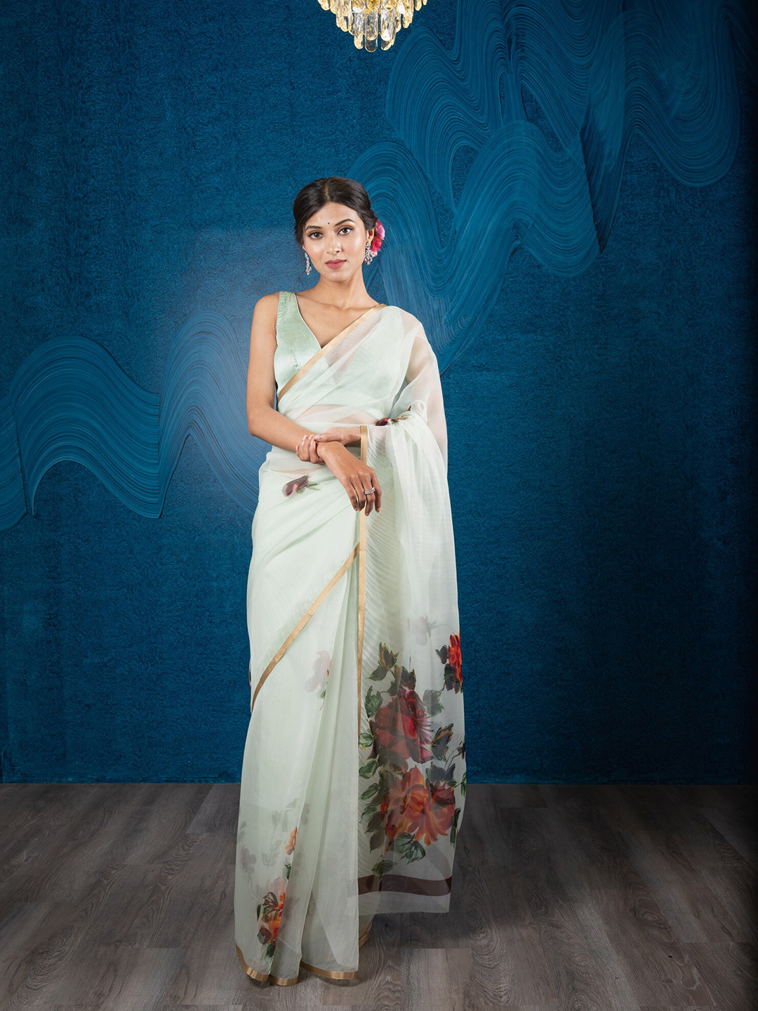 

Exclusiva Green & Pink Floral Digital Print Organza Saree