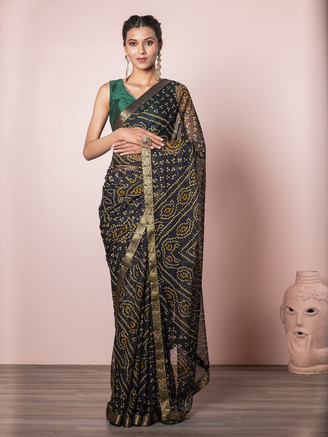 Exclusiva Black & Yellow Bandhani Zari Bandhani Saree