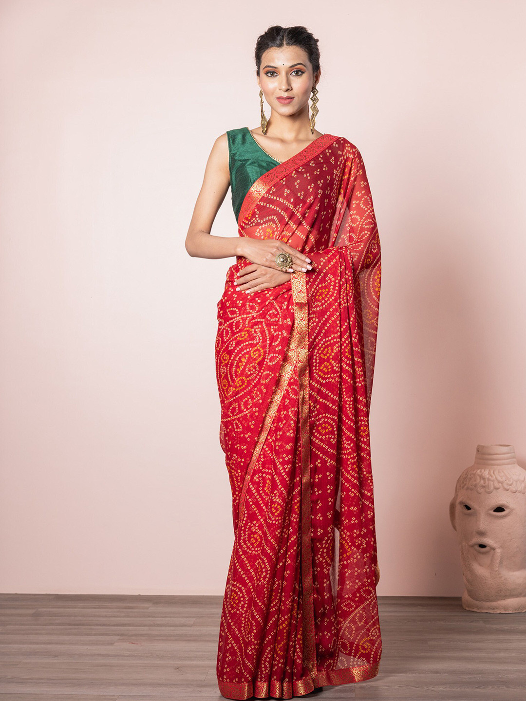 

Exclusiva Red & Orange Bandhani Zari Bandhani Saree