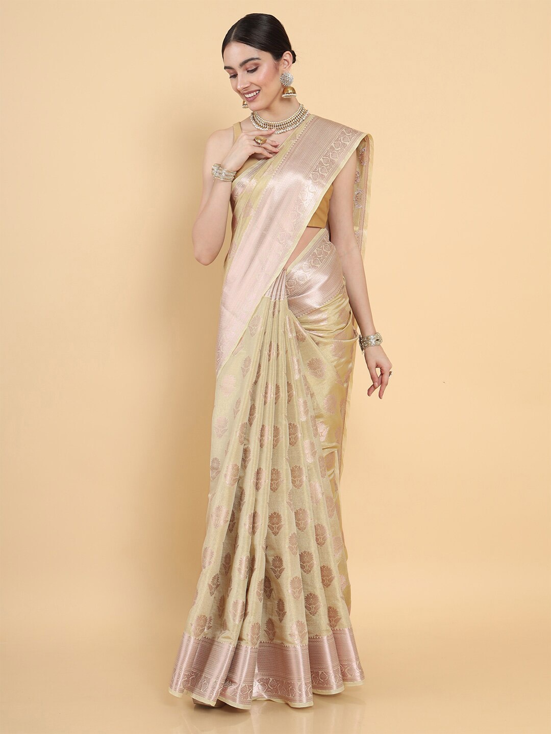 

MIMOSA Cream-Coloured Floral Zari Art Silk Kasavu Saree
