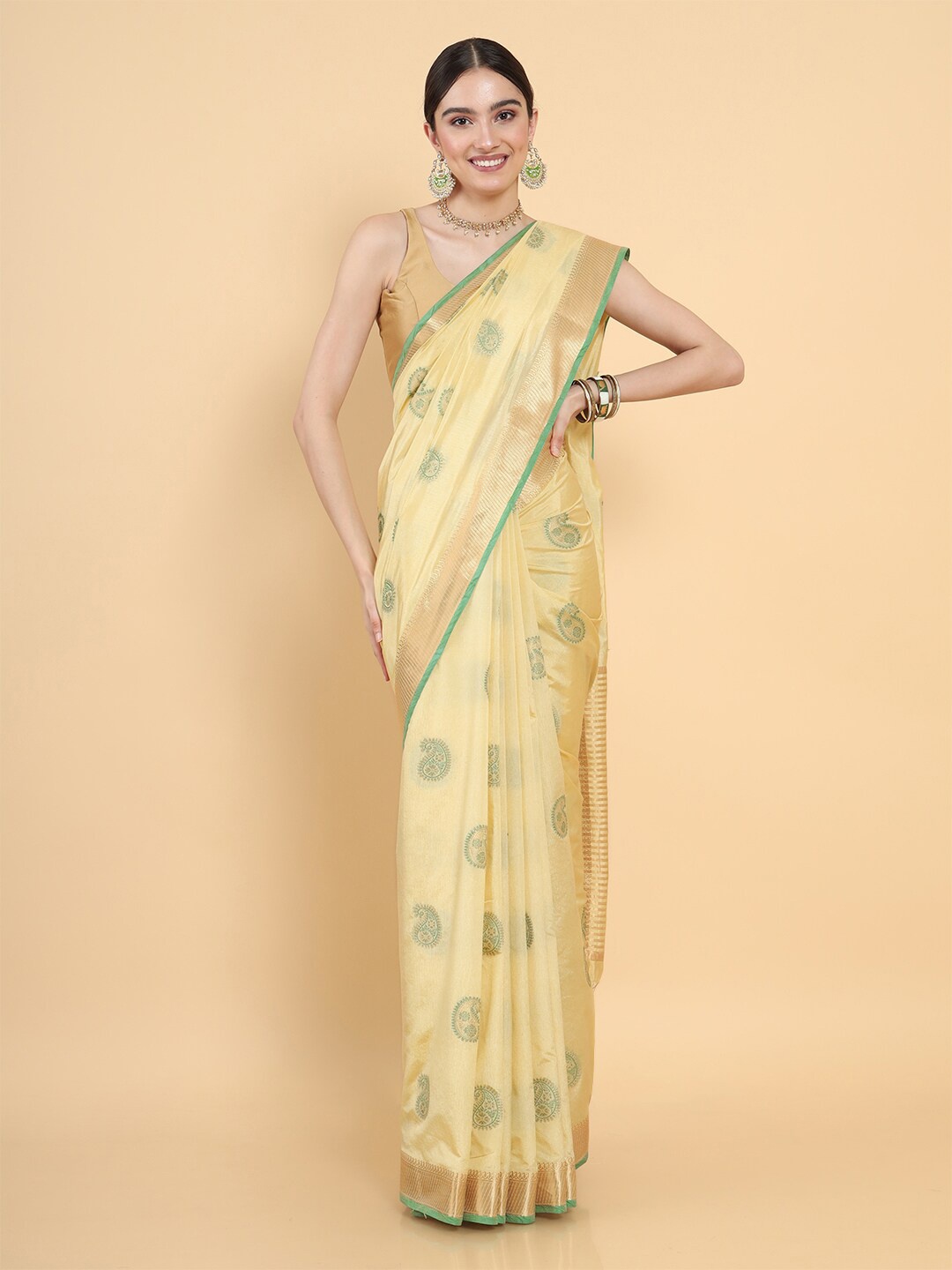 

MIMOSA Women Cream-Coloured & Gold-Toned Paisley Art Silk Kasavu Saree