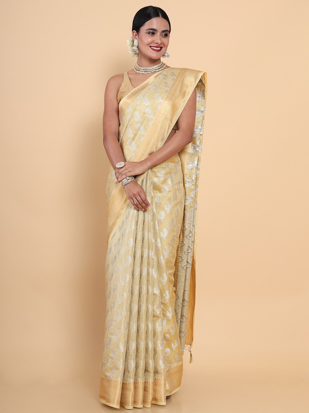 

MIMOSA Cream-Coloured & Gold-Toned Paisley Zari Art Silk Kasavu Saree