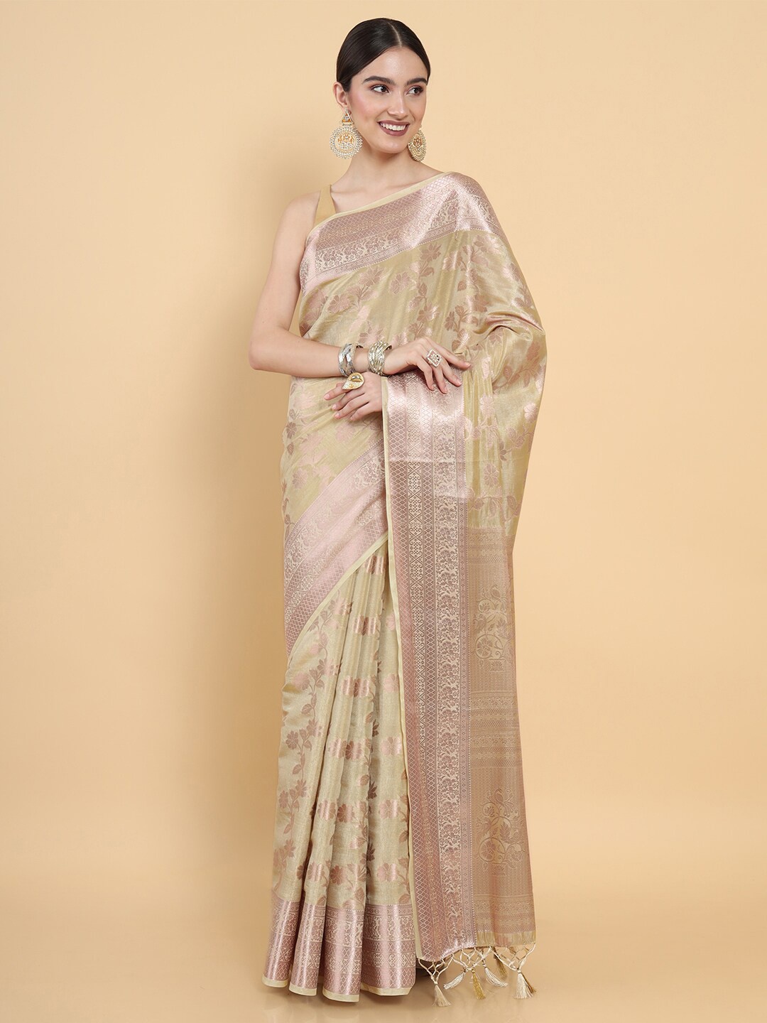 

MIMOSA Cream-Coloured & Gold-Toned Floral Zari Art Silk Kasavu Saree With Blouse