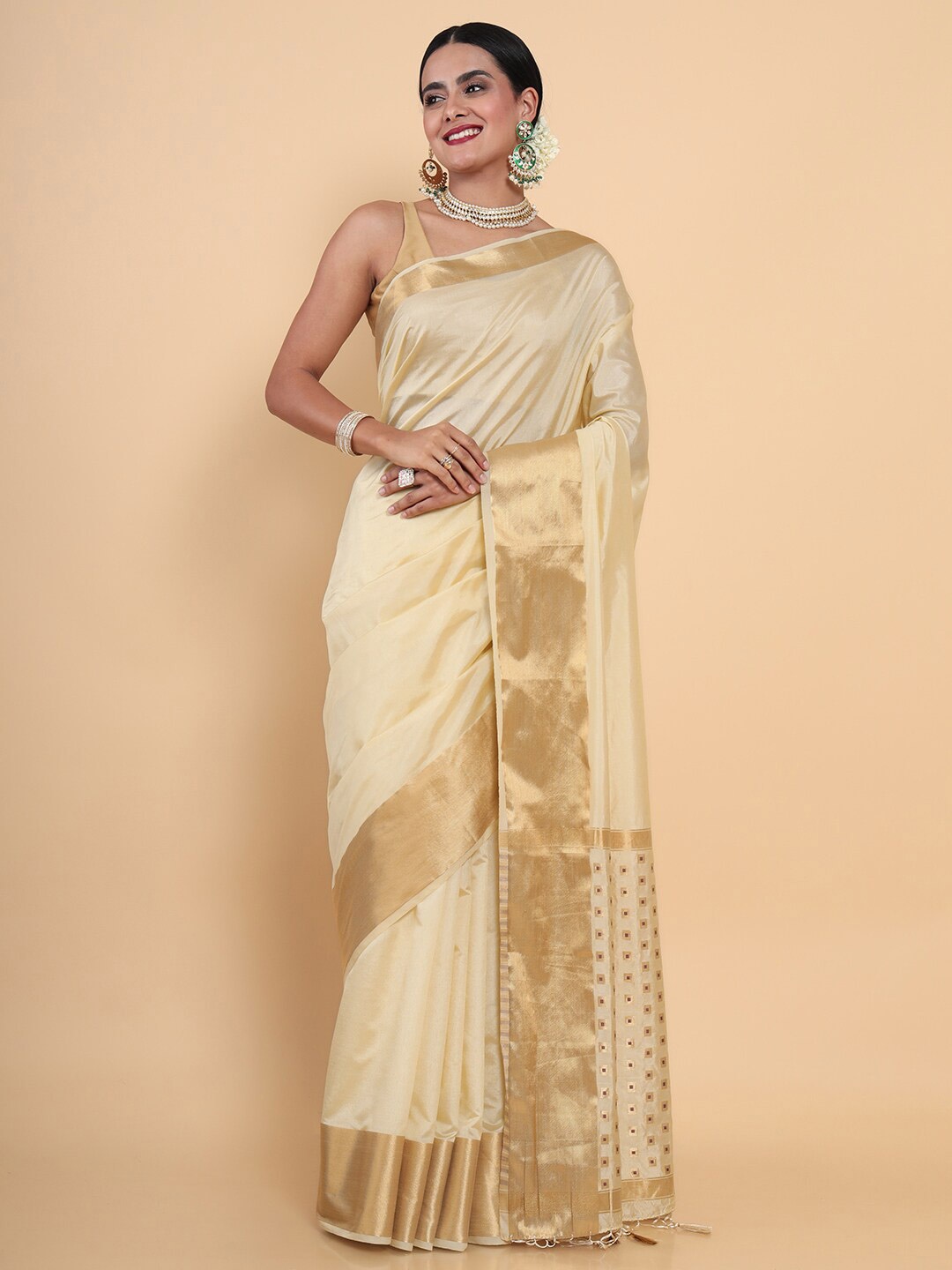 

MIMOSA Women Cream-Coloured & Gold-Toned Woven Design Zari Art Silk Kasavu Saree