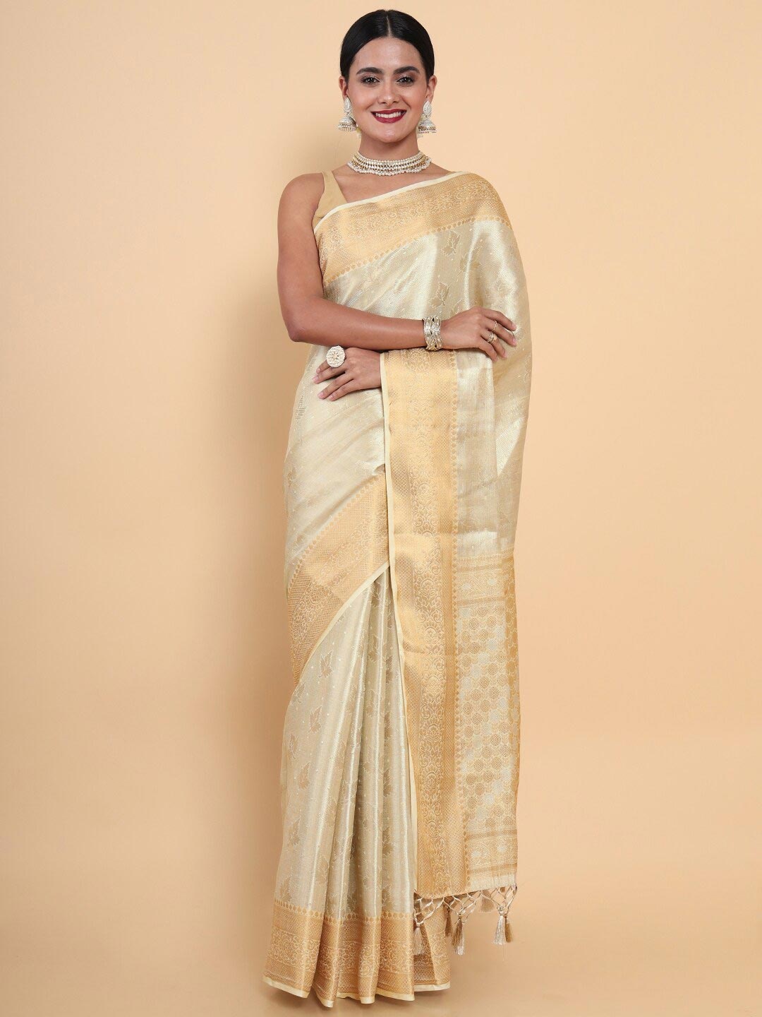 

MIMOSA Cream-Coloured & Gold-Toned Floral Zari Art Silk Kasavu Saree