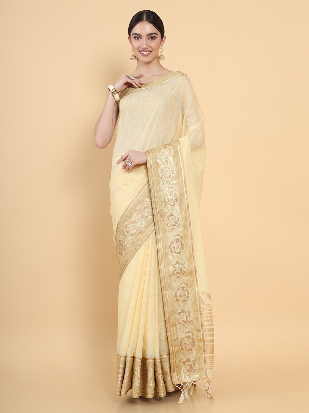 

MIMOSA Cream-Coloured Zari Linen Blend Kasavu Saree