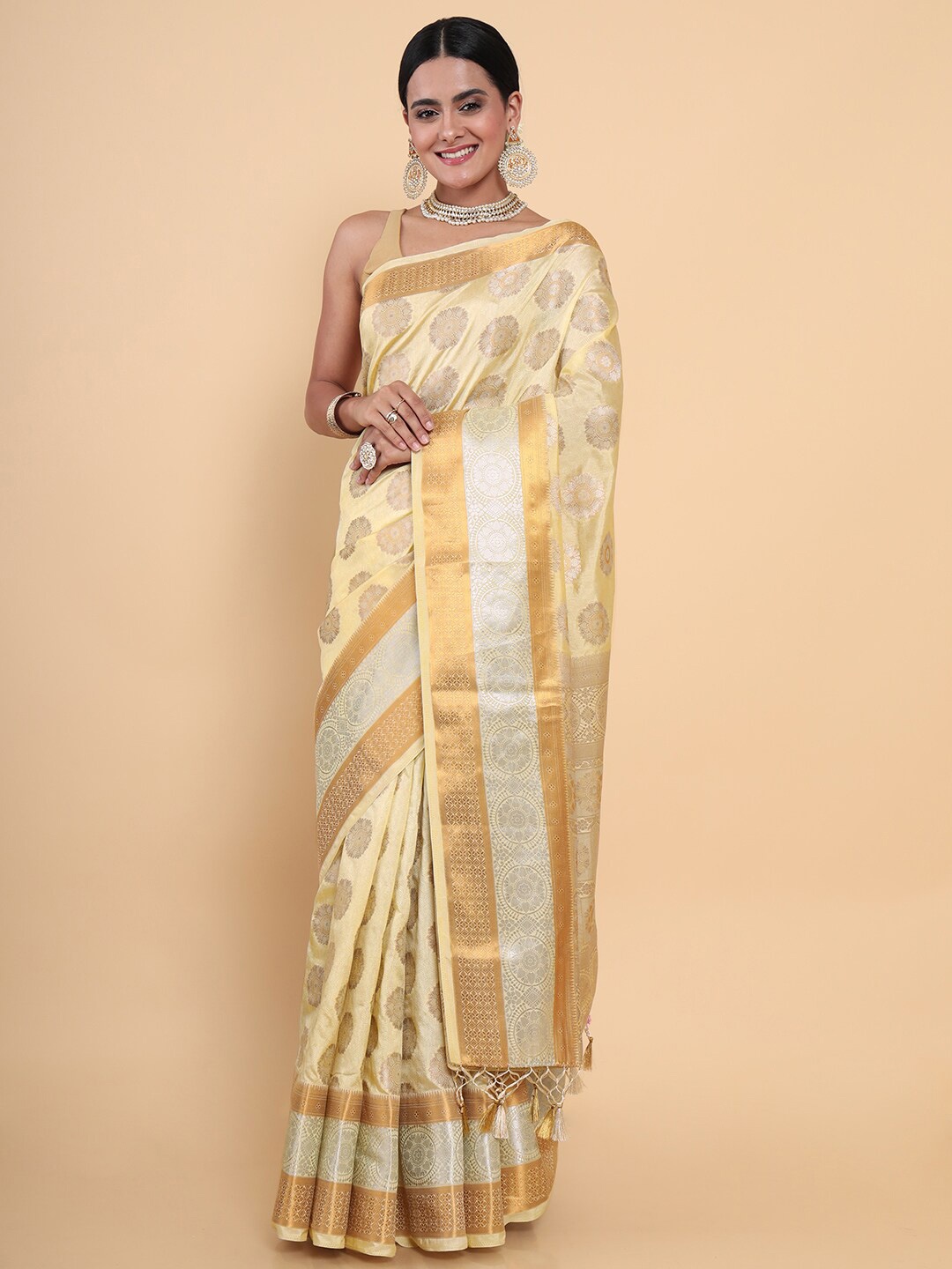 

MIMOSA Cream-Coloured & Gold-Toned Floral Zari Art Silk Kasavu Saree