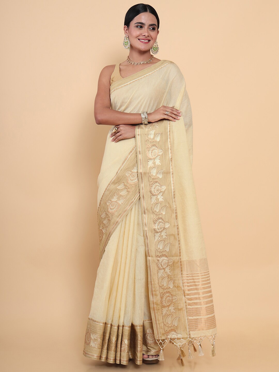 

MIMOSA Cream-Coloured & Gold-Toned Zari Linen Blend Kasavu Saree