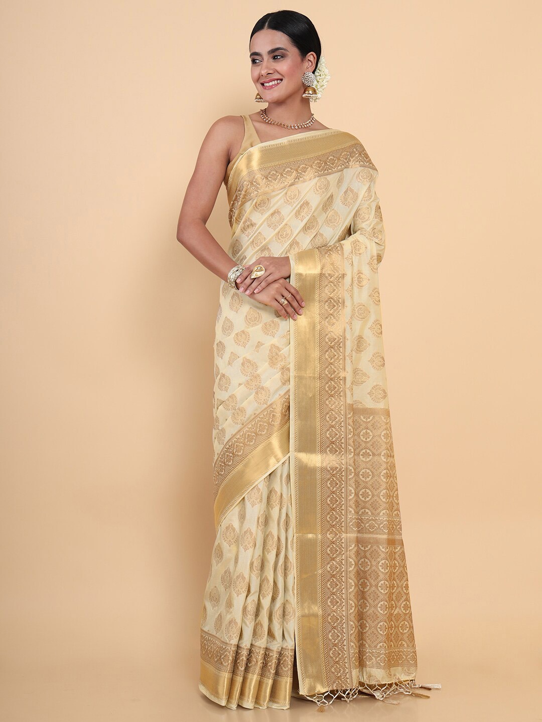 

MIMOSA Cream-Coloured & Gold-Toned Floral Zari Art Silk Kasavu Saree