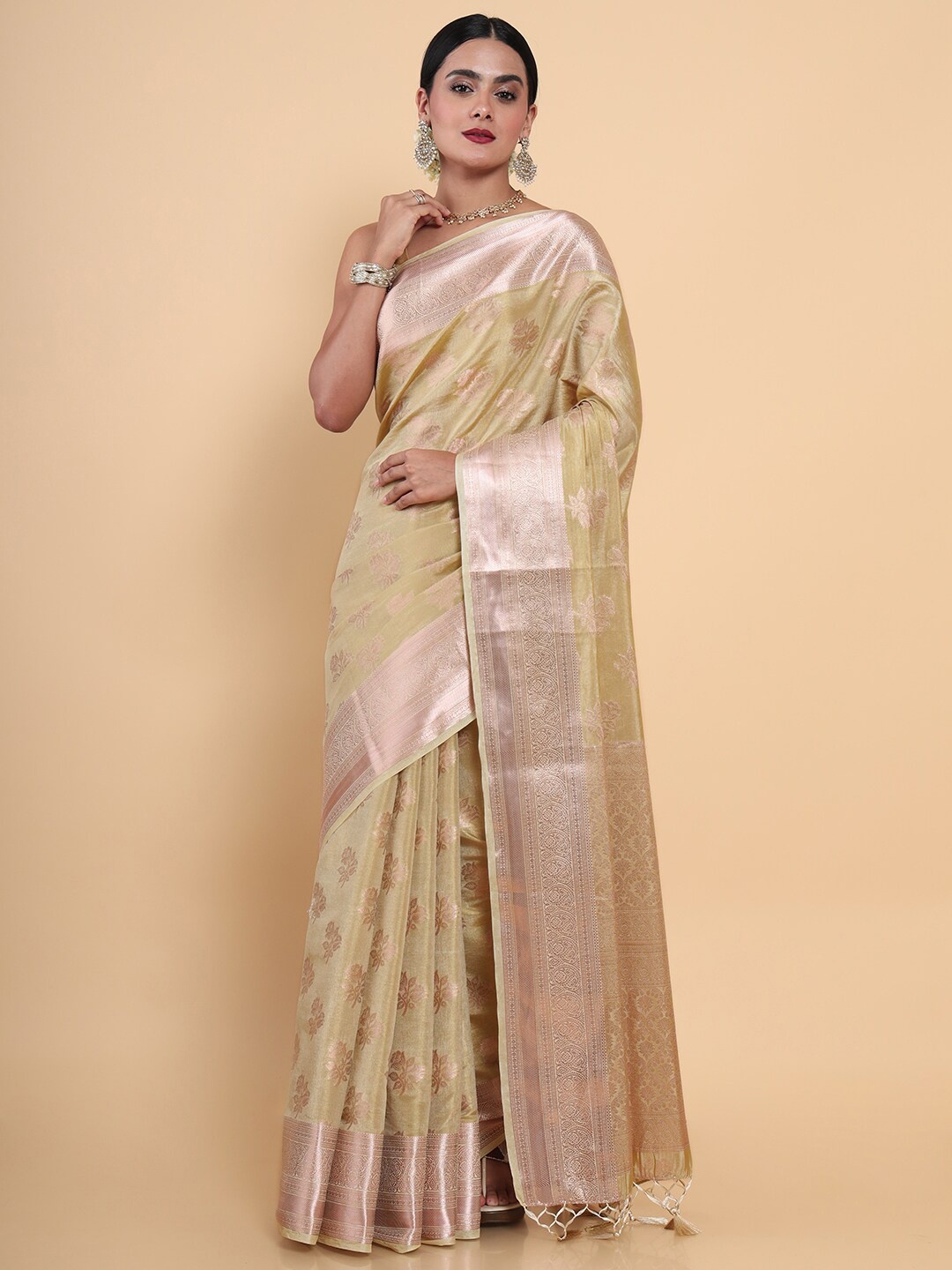 

MIMOSA Cream-Coloured & Gold-Toned Floral Zari Art Silk Kasavu Saree