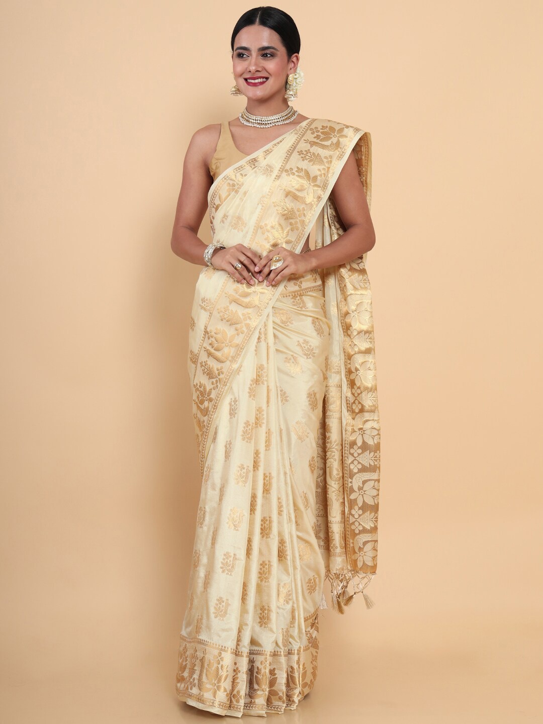 

MIMOSA Cream & Gold Paisley Zari Traditional Kasavu Art Silk Saree