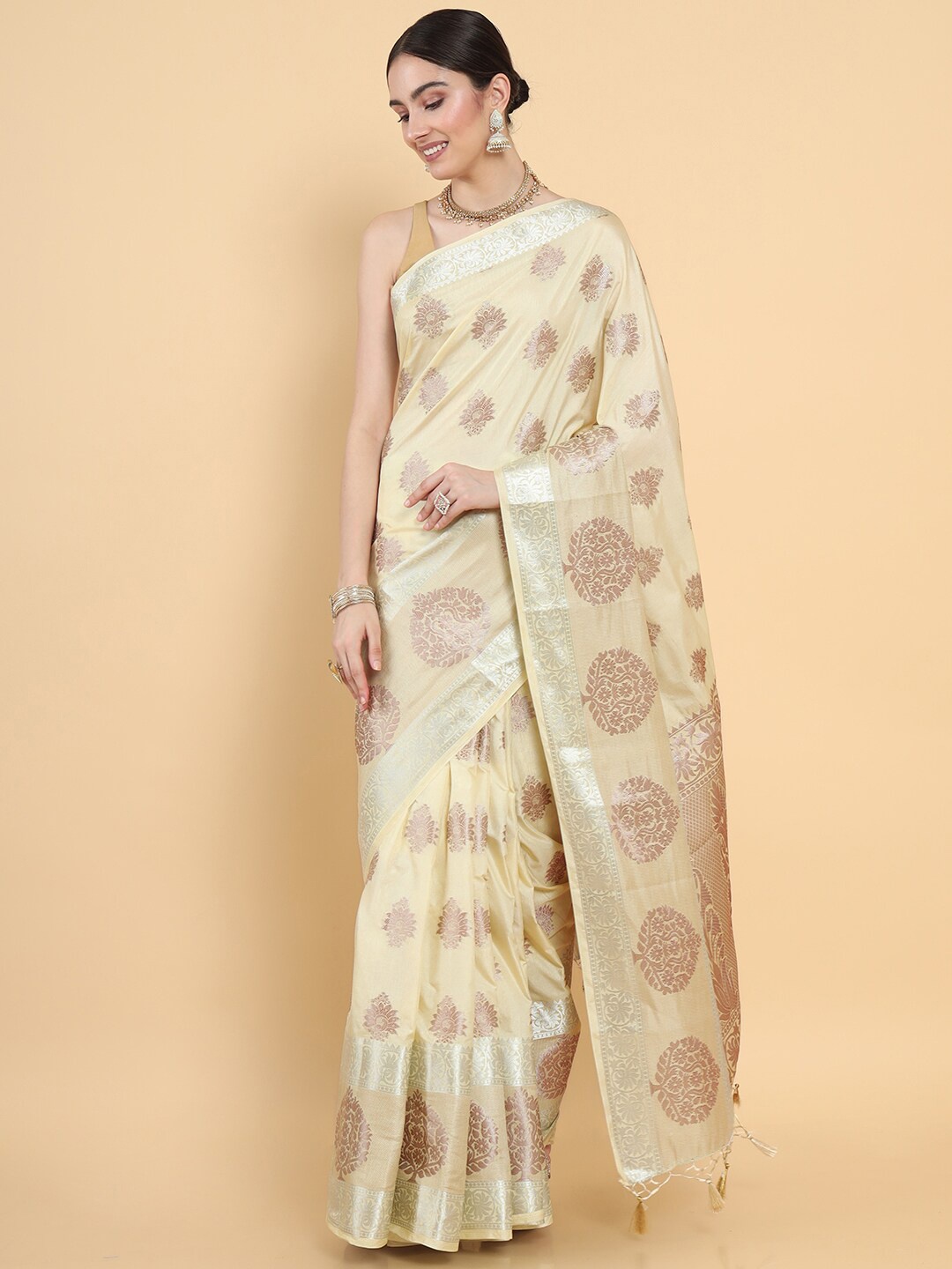 

MIMOSA Cream-Coloured & Gold-Toned Floral Zari Art Silk Kasavu Saree