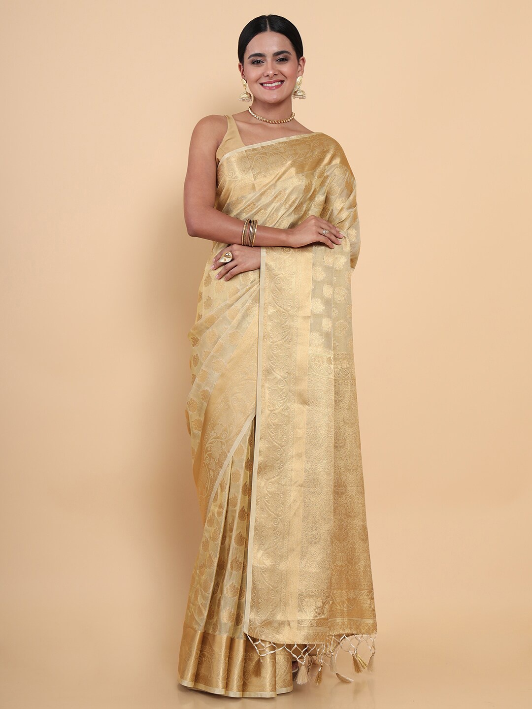 

MIMOSA Cream-Coloured & Gold-Toned Floral Zari Art Silk Kasavu Saree