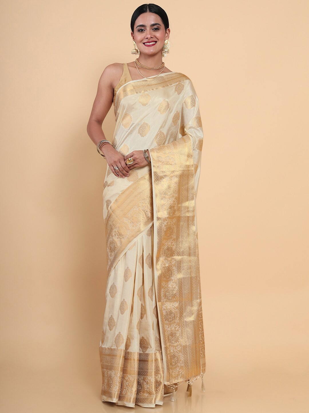 

MIMOSA Cream-Coloured & Gold-Toned Ethnic Motifs Art Silk Kasavu Saree