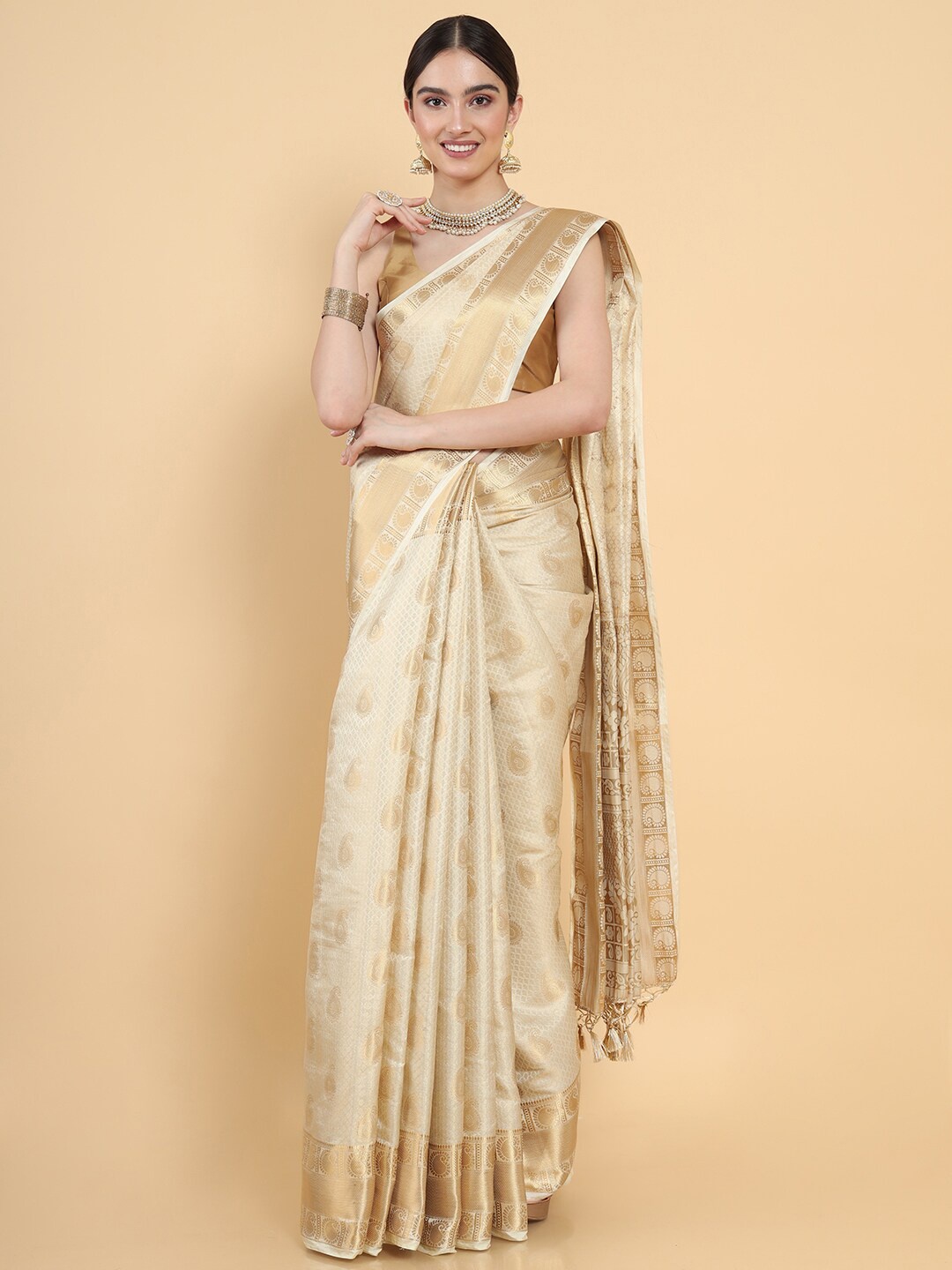 

MIMOSA Women Cream-Coloured & Gold-Toned Paisley Zari Art Silk Kasavu Saree