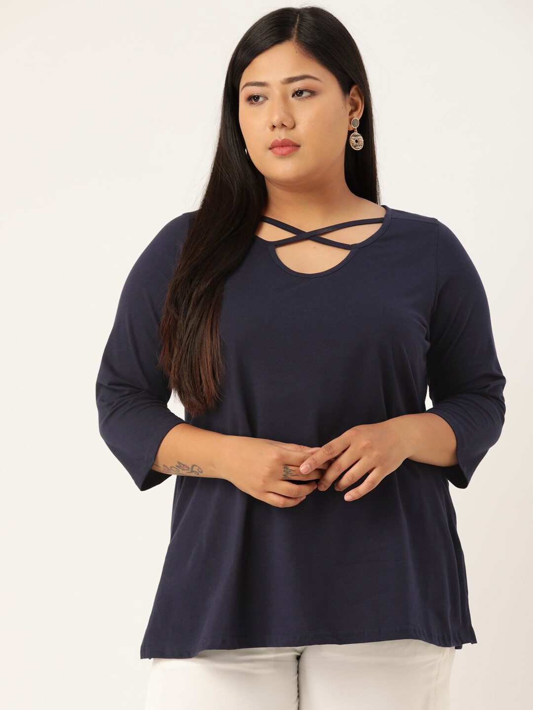 

theRebelinme Plus-Size Navy Blue Pure Cotton Cut-Out Top