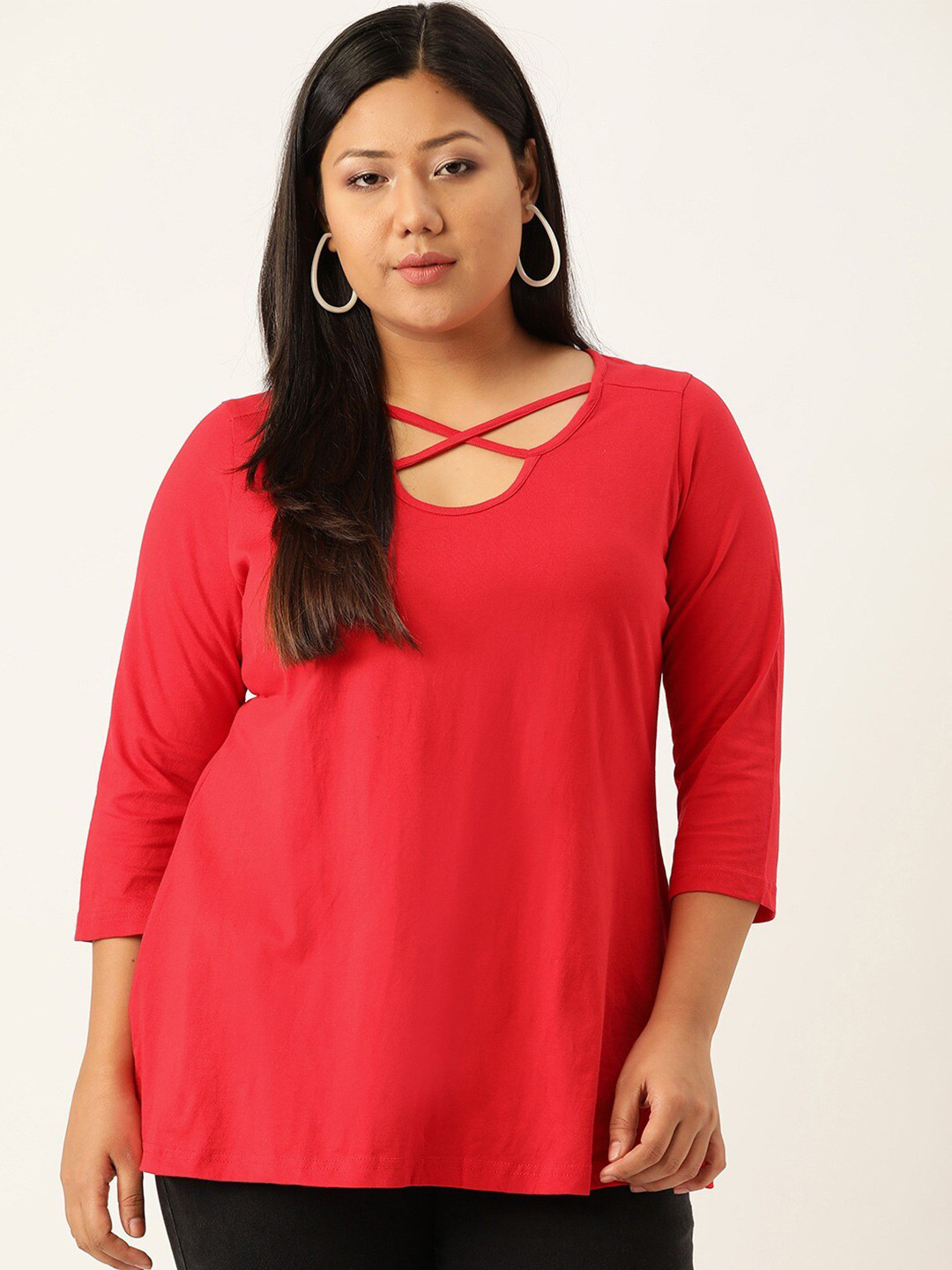 

theRebelinme Women Plus Size Red Solid Color Cut-Out Detail Cotton Top