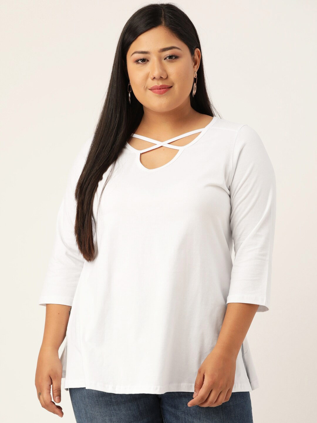 theRebelinme Plus Size White Pure Cotton Cut-Out Top