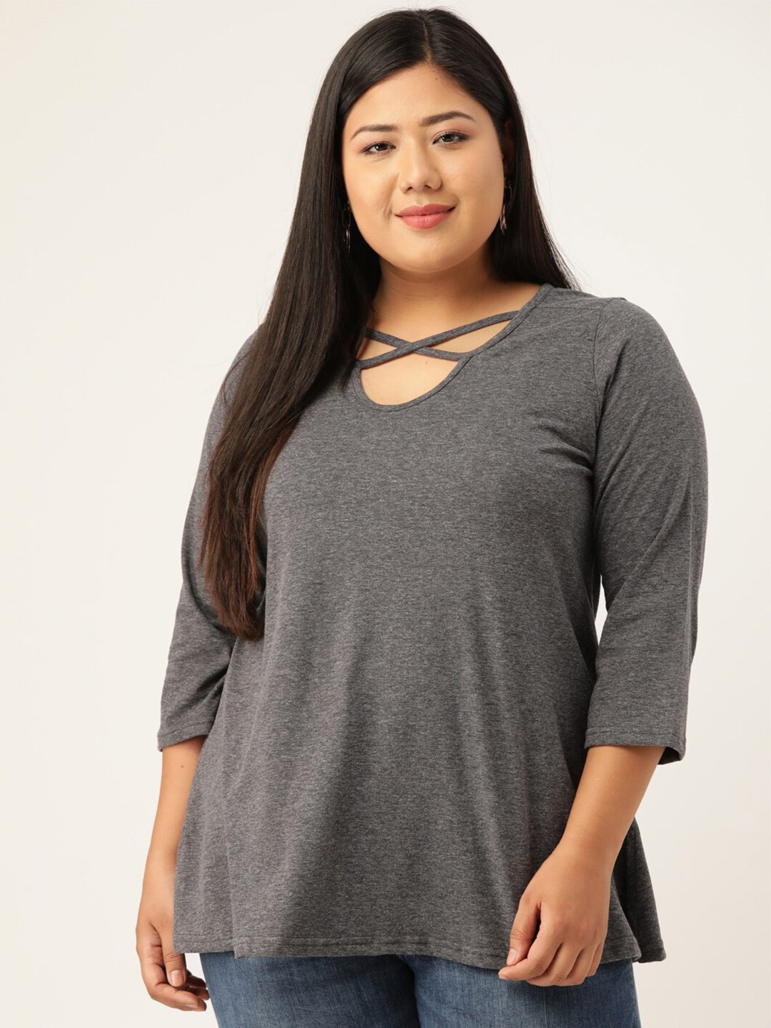 

theRebelinme Plus Size Women Charcoal Solid Cut-Out Neck Top
