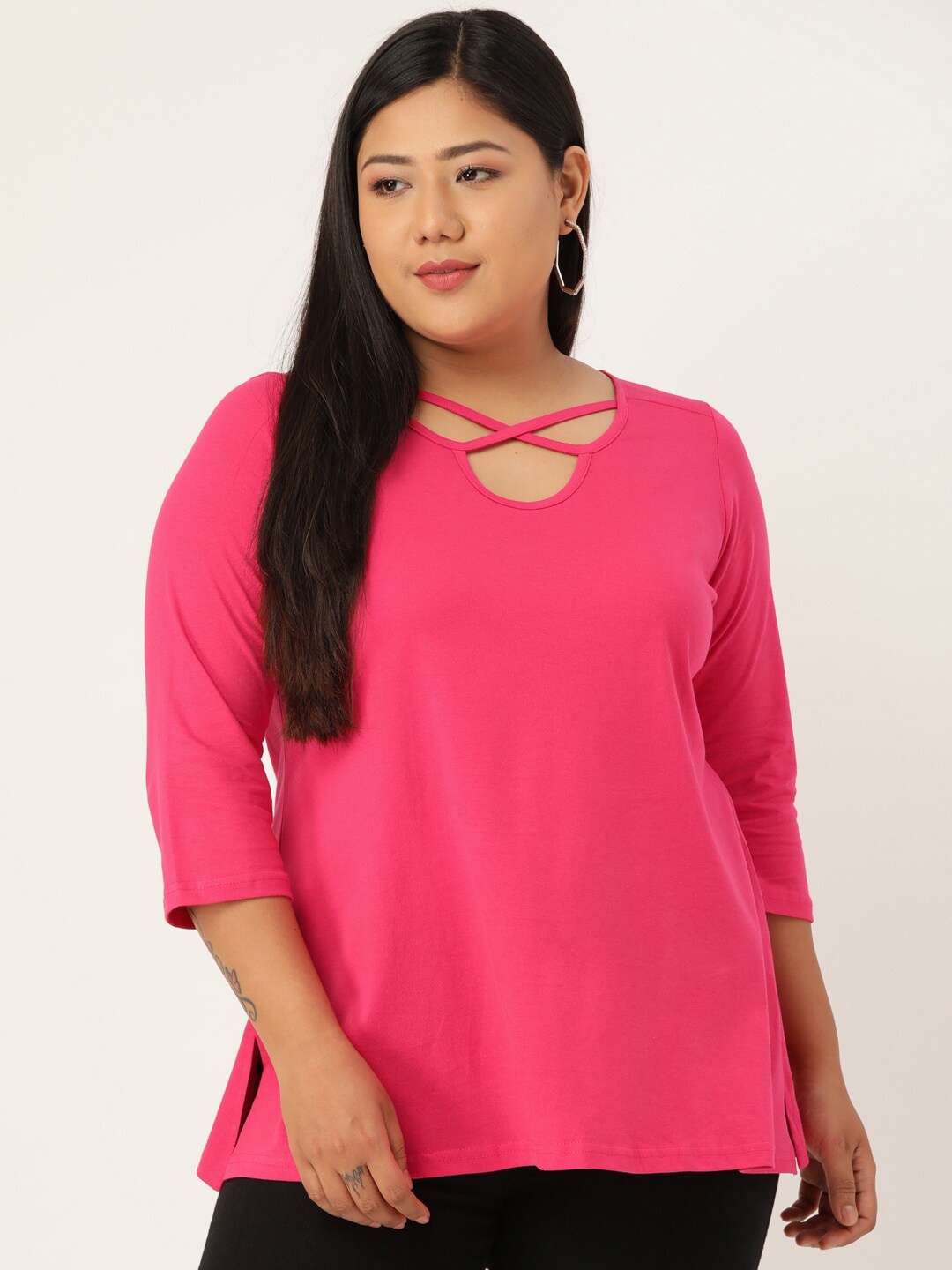 

theRebelinme Plus Size Fuchsia Solid Cut Out Pure Cotton Regular Top